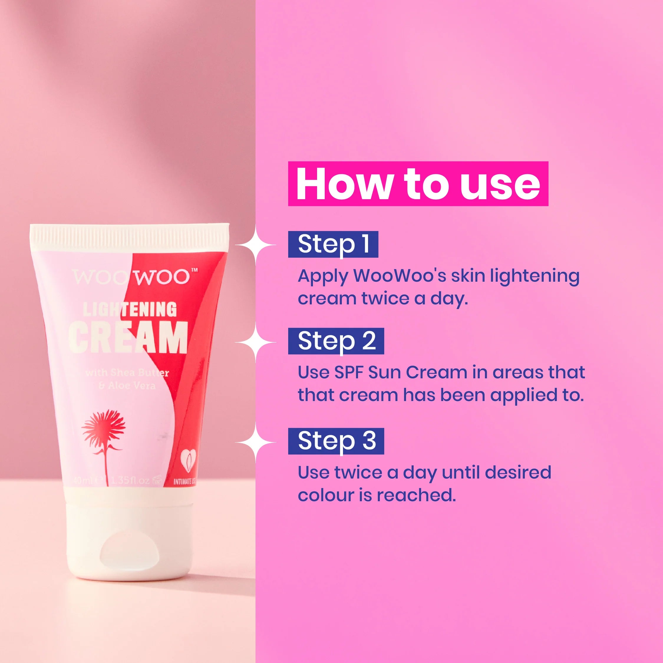 WooWoo skin lightening cream with usage instructions on a pink background