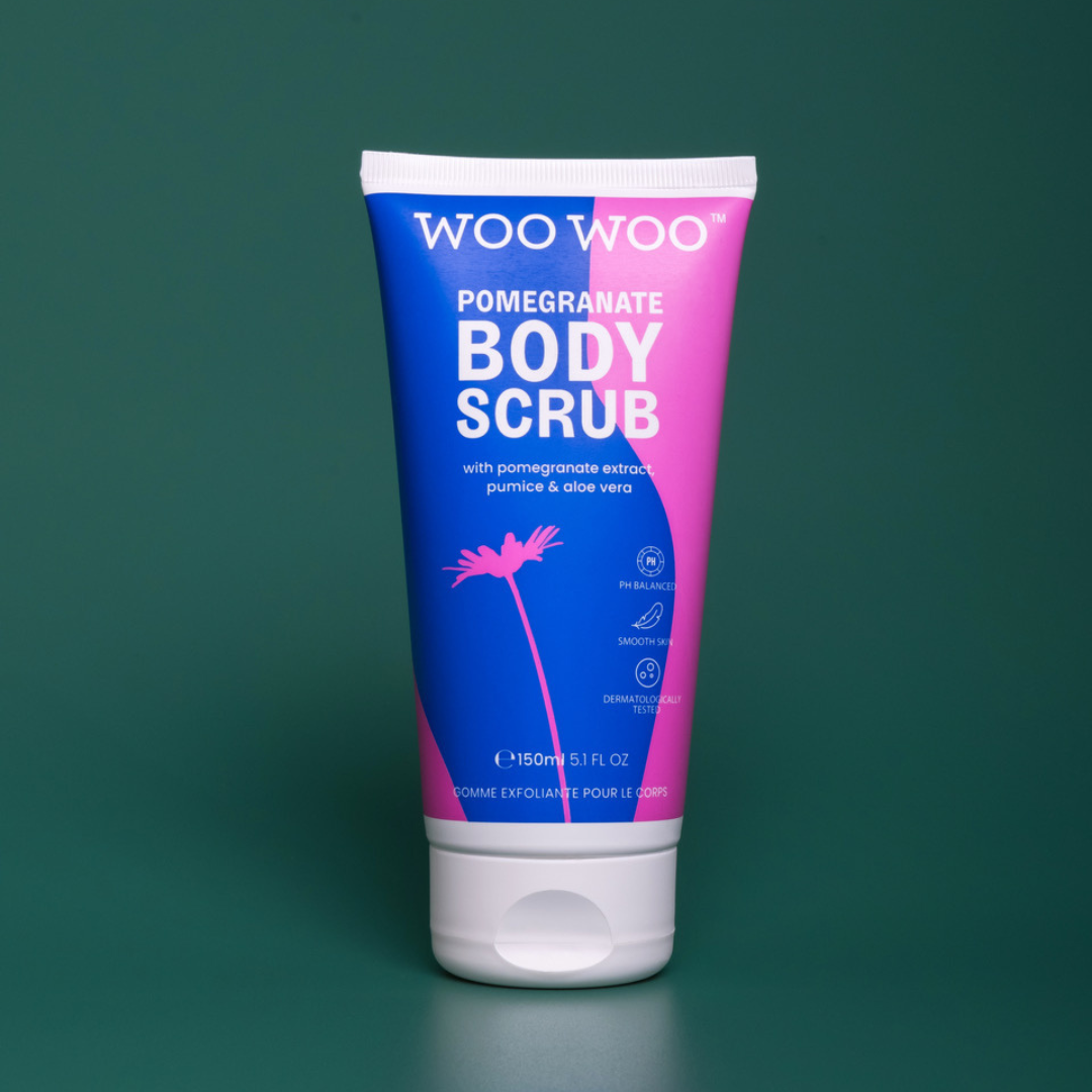 Tube of WooWoo pomegranate body scrub on green background