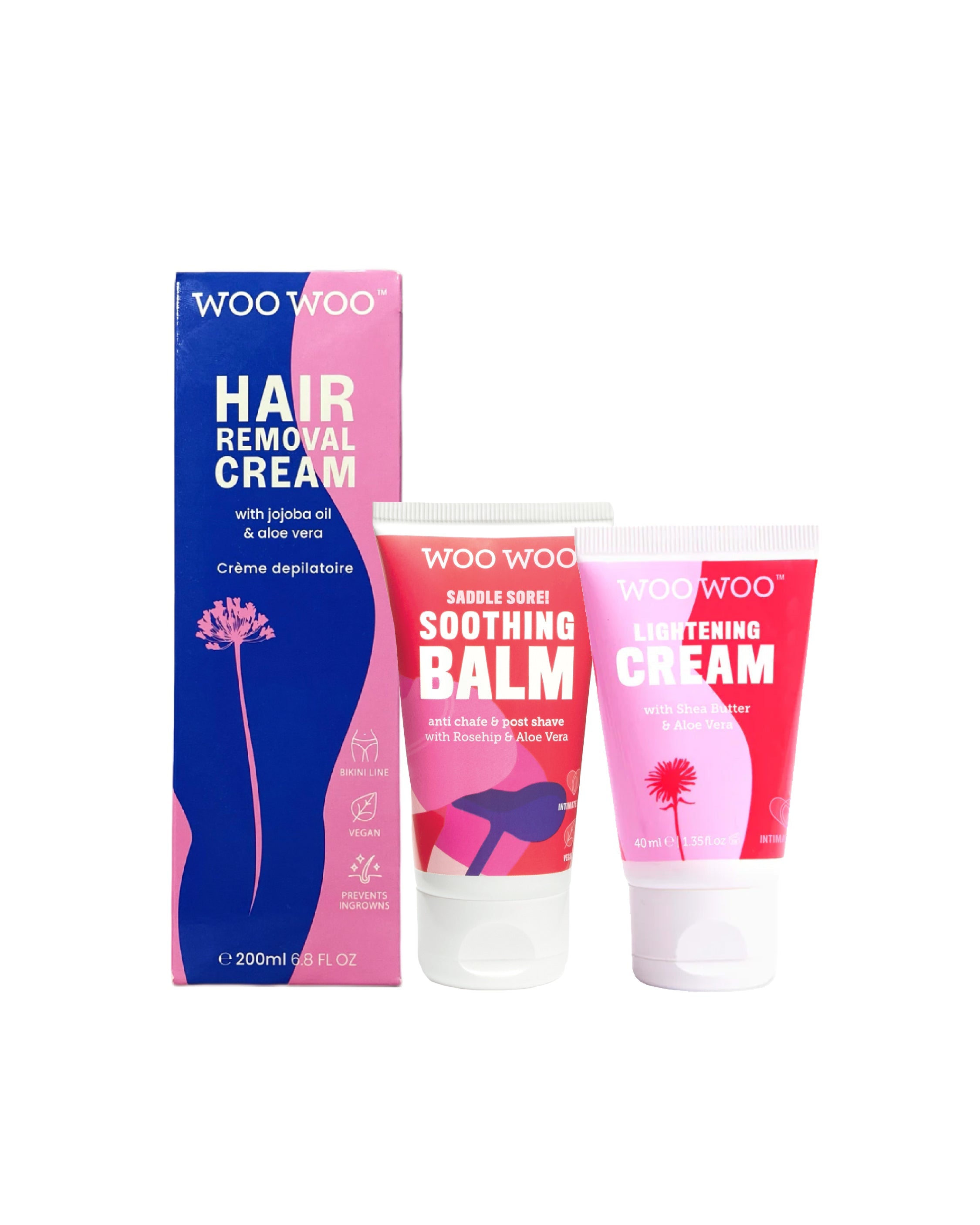 WooWoo hair removal cream, soothing balm and lightening cream tubes on white background