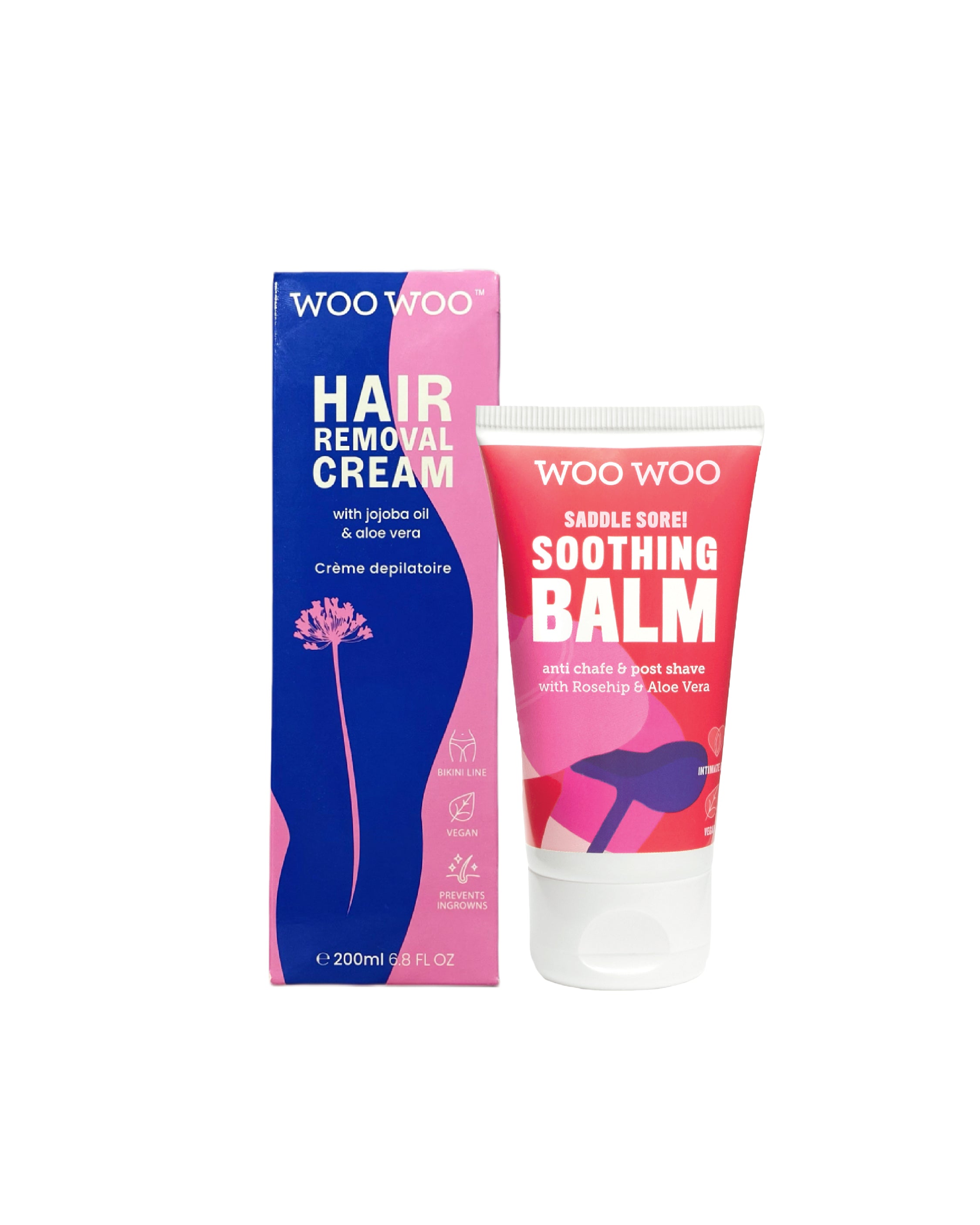 Bundle of hair removal cream and soothing balm on white background