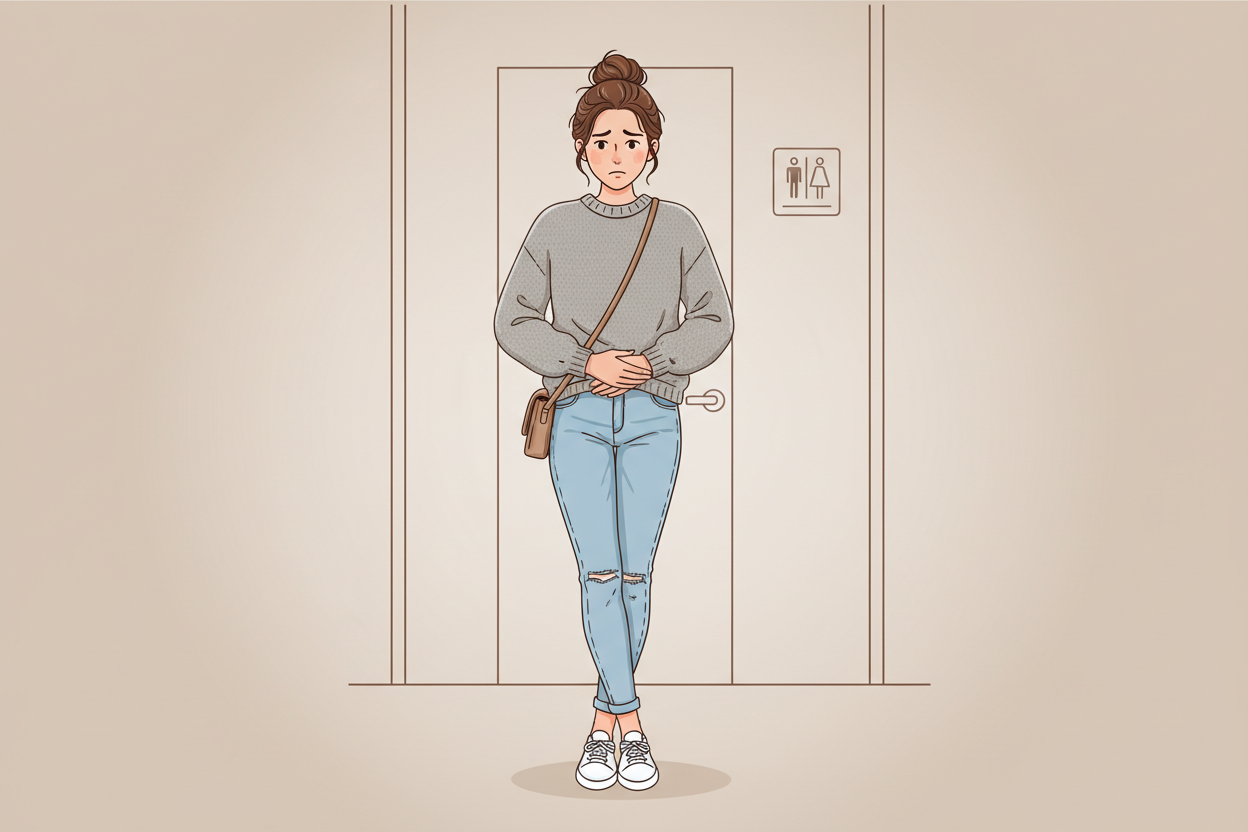 A woman with her legs crossed trying not to leak pee