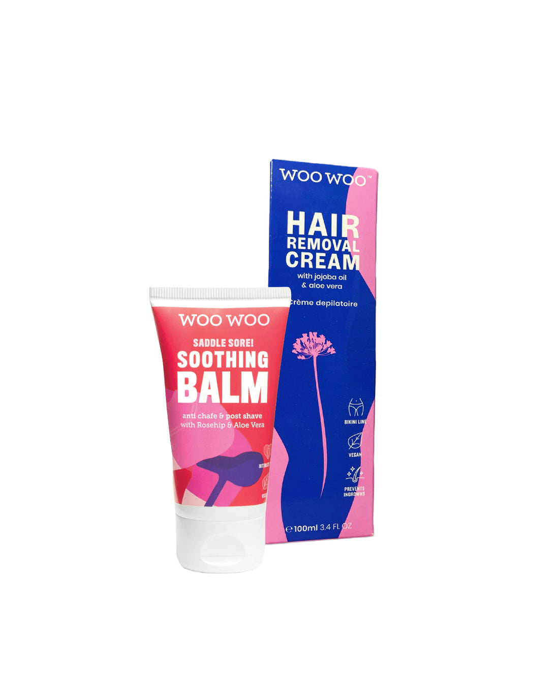 Tube of soothing balm beside hair removal cream on white background
