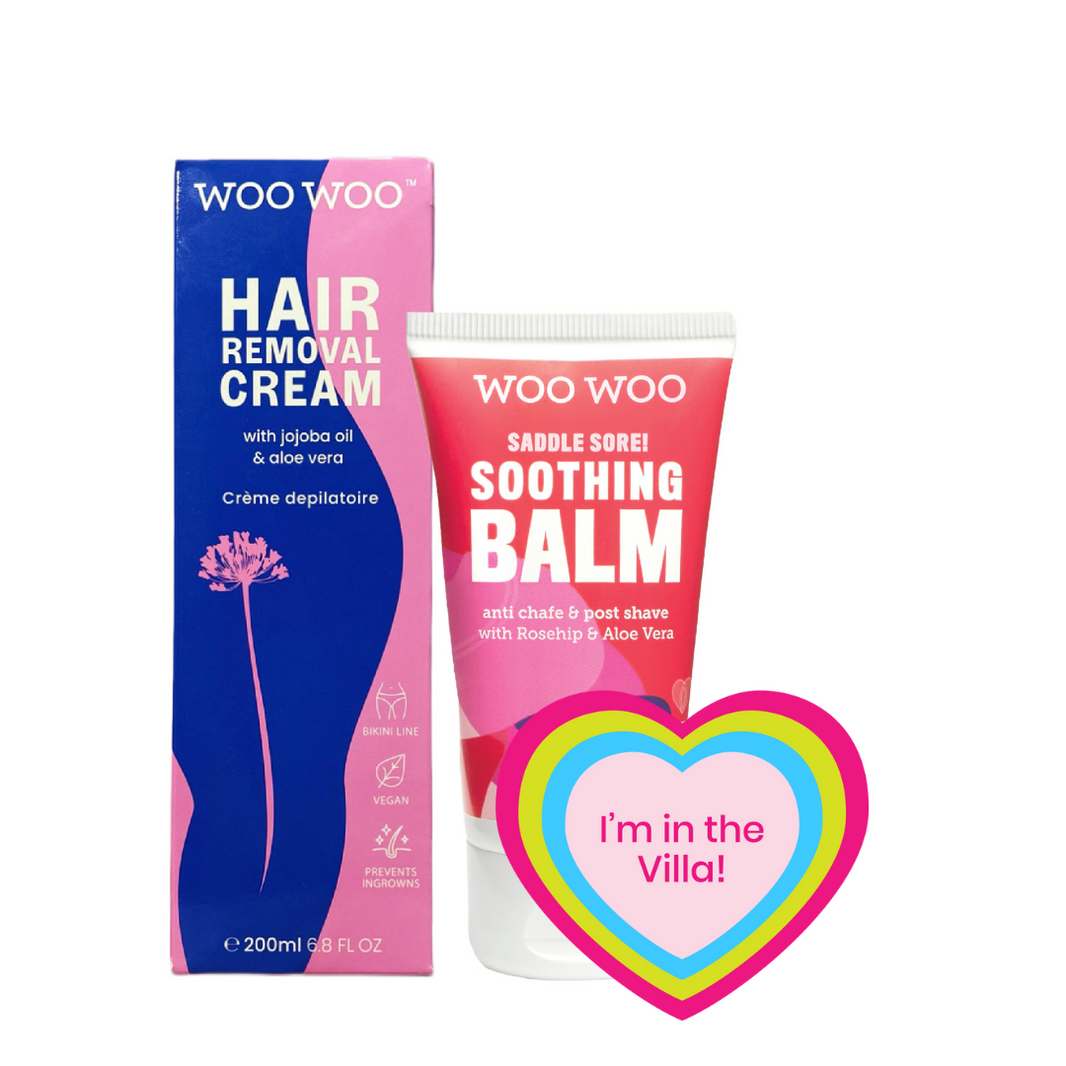 Tube of hair removal cream and saddle sore soothing balm with sticker text 'I'm in the villa'