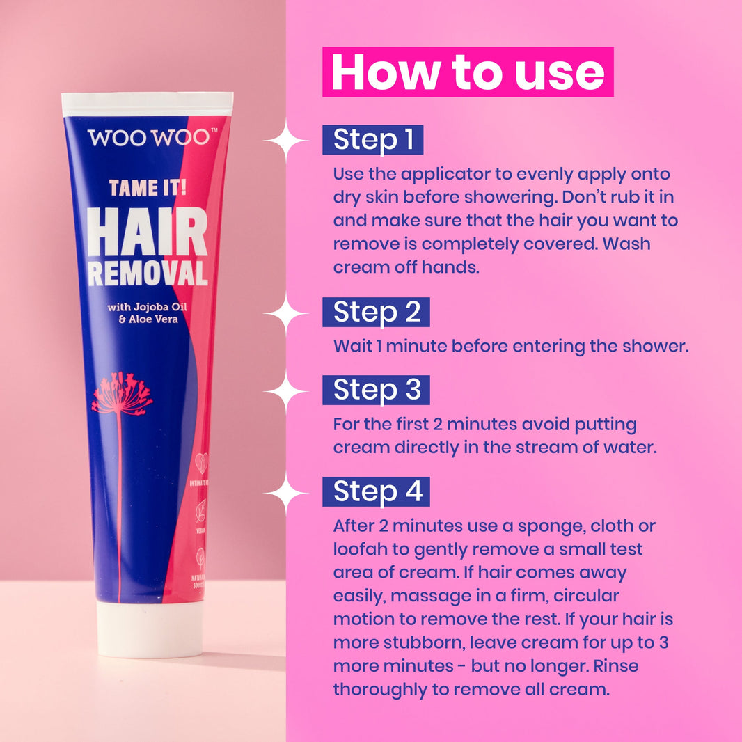 Tube of Tame It Hair Removal Cream with text 'How to use' and instructions
